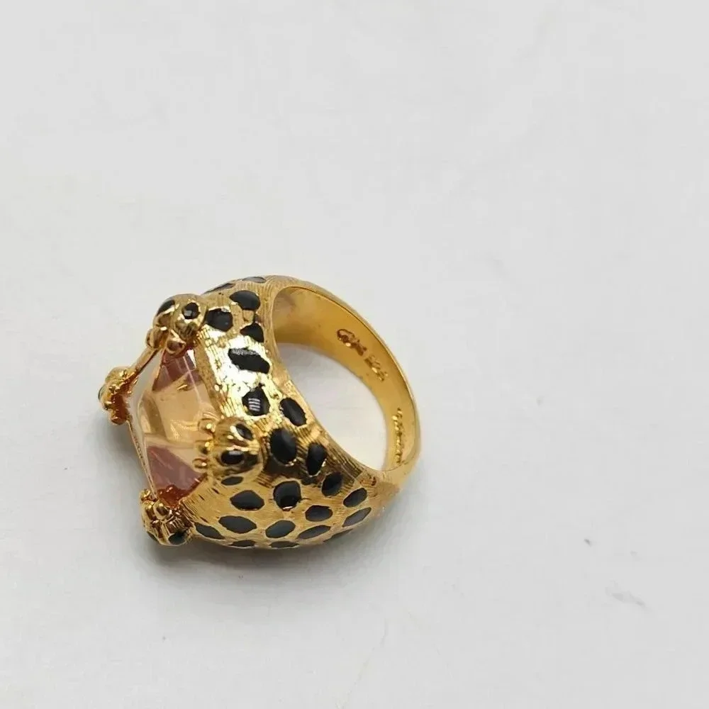 UNCAS Gold Vermeil Over Silver Black Enamel Spotted Leopard Peach Cab Ring Sze 7